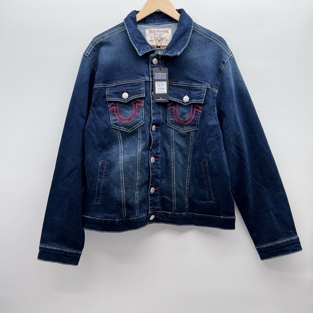 True Religion Ladder Stitch SN Denim Jacket Large, Dark Hawks Eye Wash,MSRP $184